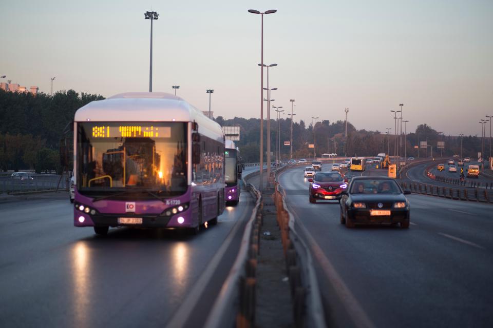 cars and bus on road